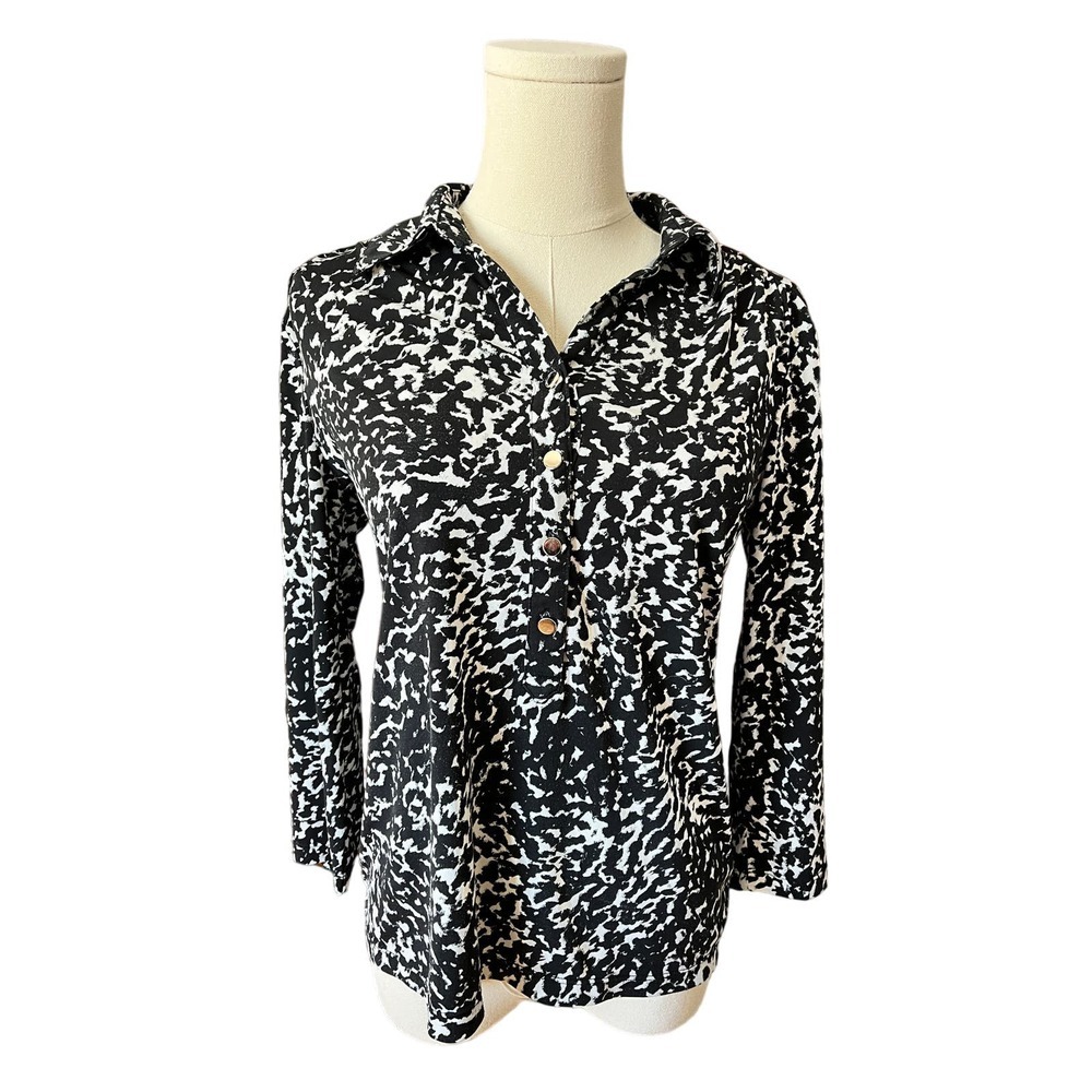 Alfani Petites Soft & Stretchy Collared Button-Up Blouse I Black & White Print​